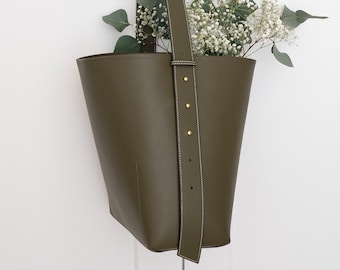 Olive Green Leather Large Bucket Tote - Shoulder or Crossbody Strap (Comes w/ 2) - Minimal & Modern (USA Seller) AA1-010-04-revB-FAX