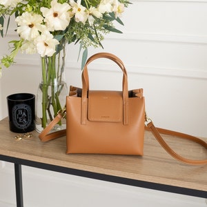 Burnt Caramel Genuine Leather Mini Satchel Bag - Crossbody or Shoulder Strap (Comes with 2) - Minimal & Modern (USA Seller) B21070009-02