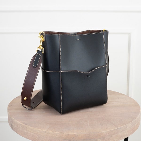 Black Genuine Leather Bucket Bag Purse - Crossbody or Shoulder Carry- High Quality, Durable, Minimal and Modern (USA Seller) B18100006-02