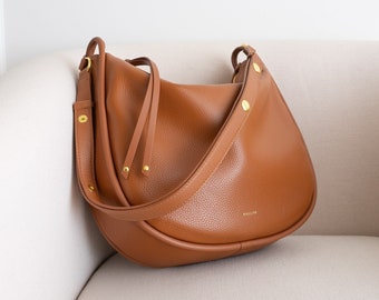 Genuine Leather Hobo Bag Purse - Cognac - Crossbody or Shoulder - High Quality, Durable, Minimal, Modern (USA Seller) AA1-001-03