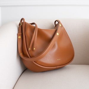 Leather Hobo Bag Purse - Cognac - Crossbody or Shoulder - High Quality, Durable, Minimal, Modern (USA Seller) AA1-001-03-revC-FAX