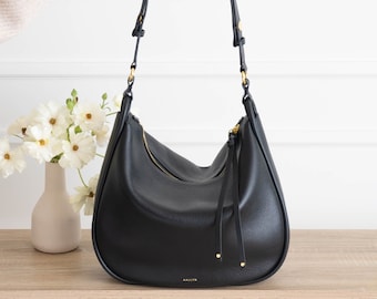 Genuine Leather Hobo Bag Purse - Black - Crossbody or Shoulder Carry- High Quality, Durable, Minimal and Modern (USA Seller) AA1-001-01-FAX