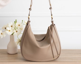 Genuine Leather Hobo Bag Purse - "Biscotti" - Crossbody or Shoulder - High Quality, Durable, Minimal and Modern (USA Seller) AA1-001-02-FAX