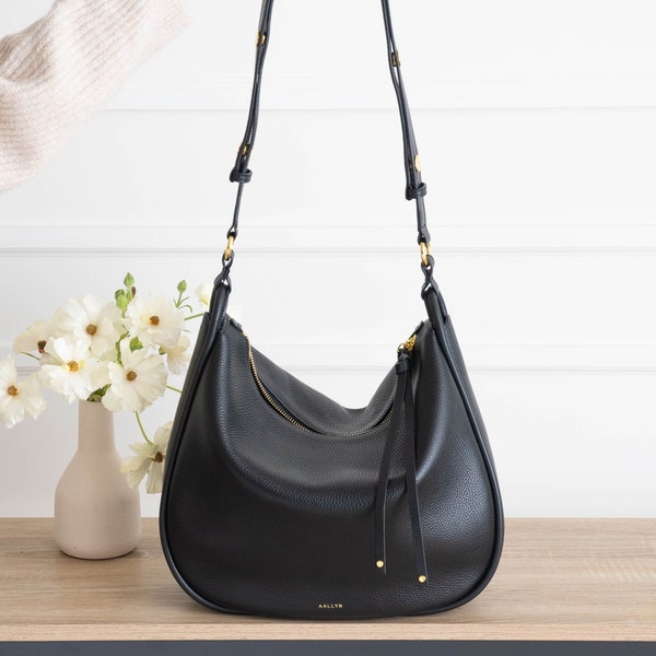 Genuine Leather Hobo Bag Purse - Black - Crossbody or Shoulder Carry- High Quality, Durable, Minimal and Modern (USA Seller) AA1-001-01-FAX