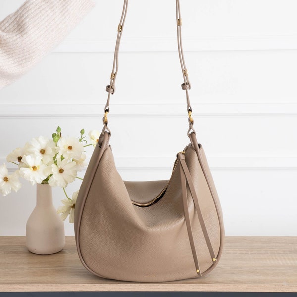 Genuine Leather Hobo Bag Purse - "Biscotti" - Crossbody or Shoulder - High Quality, Durable, Minimal and Modern (USA Seller) AA1-001-02-revB