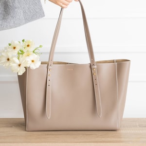 Genuine Leather Tote Bag Purse - Tan/Biscotti - Adjustable, High Quality, Pebbled, Durable, Minimal, Modern (USA Seller) AA1-003-02-FAX