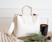 Chalk White Genuine Leather Medium Satchel Bag - Crossbody or Shoulder Strap (Comes with 2) - Minimal Modern (USA Seller)