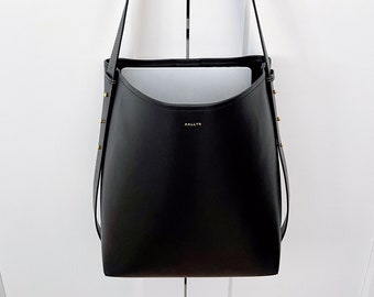 Black Genuine Leather Large Bucket Tote - Shoulder or Crossbody Strap (Comes w/ 2) - Minimal & Modern (USA Seller) AA1-010-01