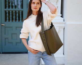 Olive Green Leather Large Bucket Tote - Shoulder or