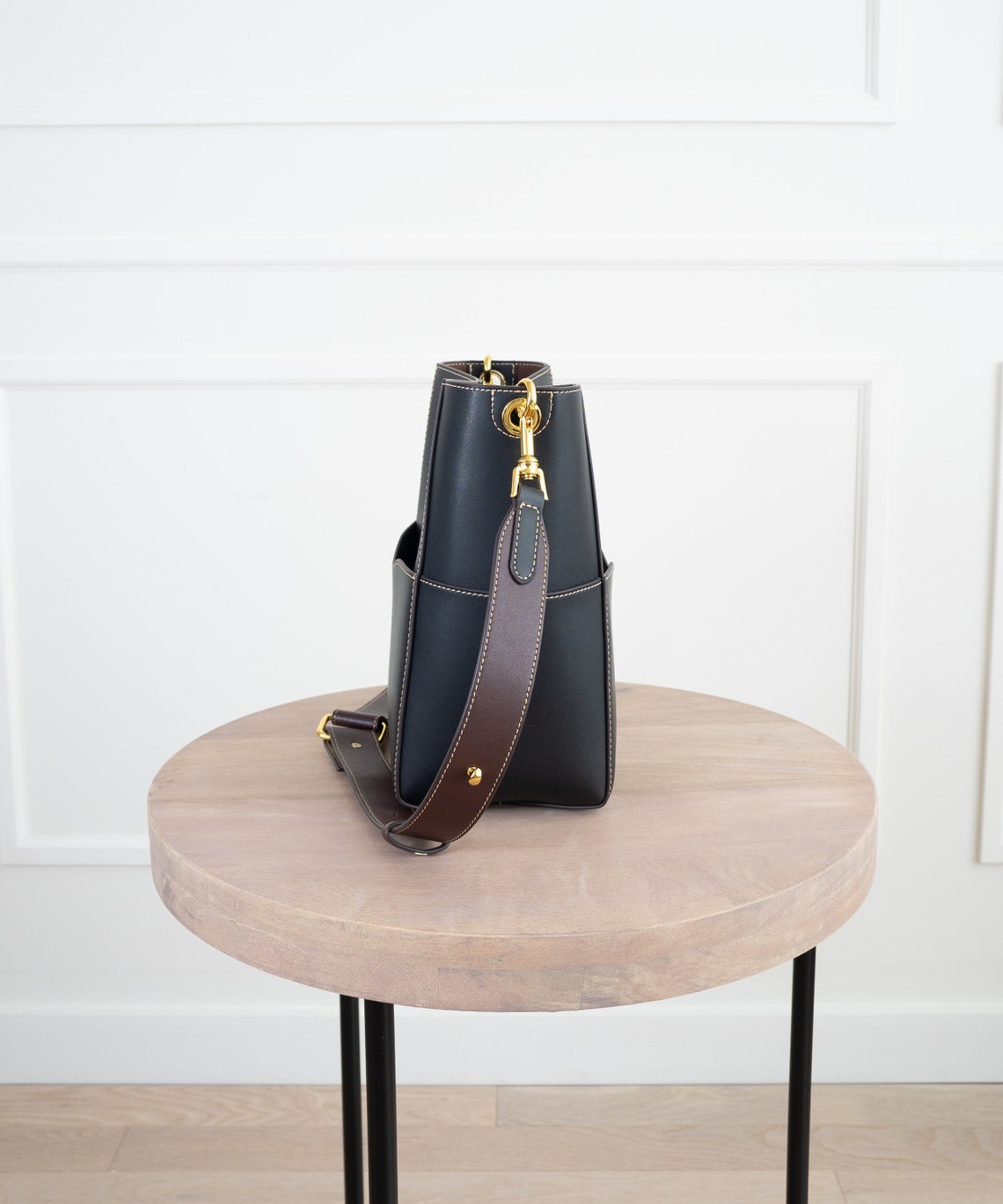 Black Genuine Leather Bucket Bag Purse Crossbody or Shoulder Etsy