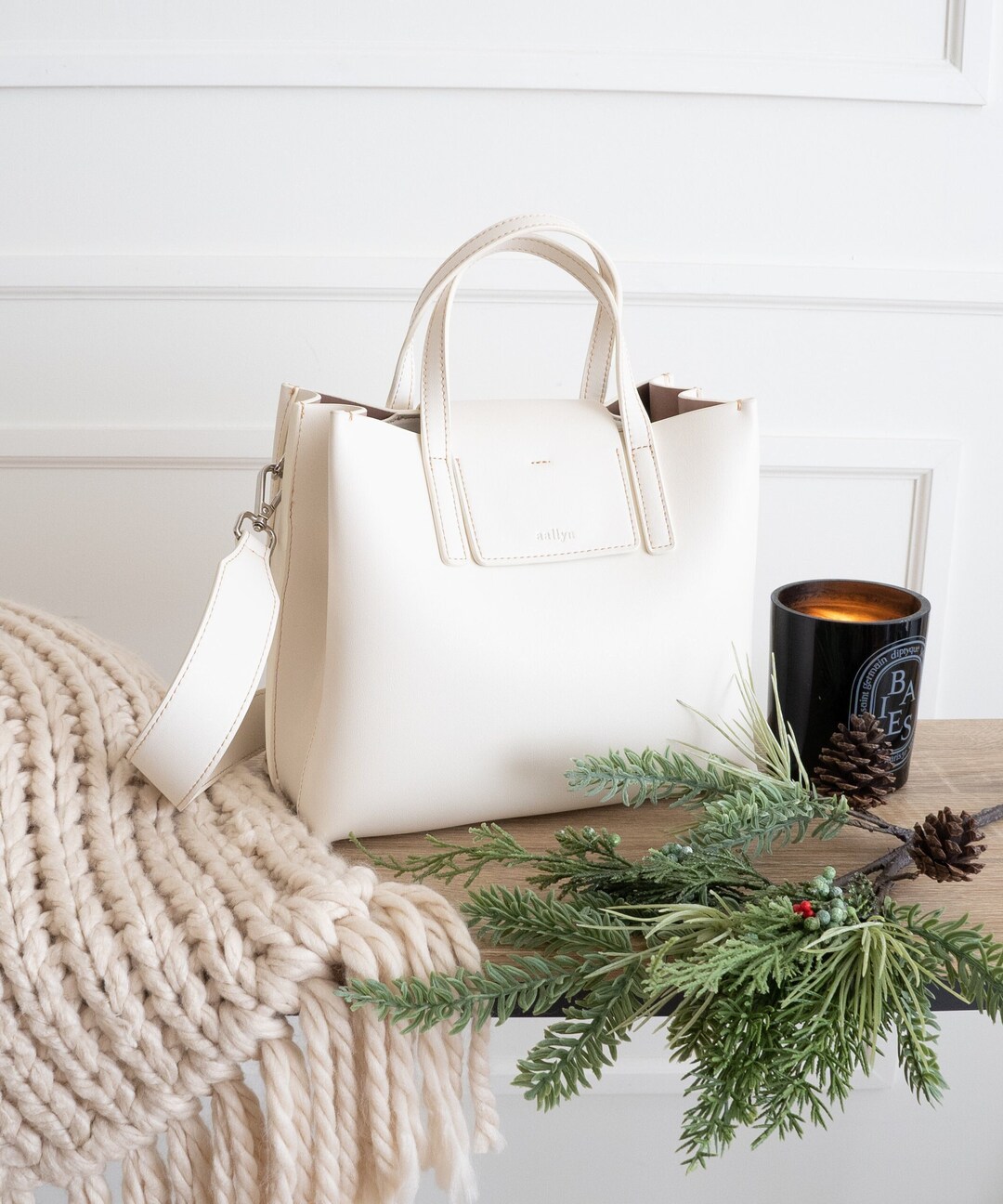 Chalk White Leather Medium Satchel Bag - Crossbody or