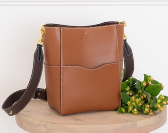 Cognac Genuine Leather Bucket Bag Purse - Crossbody or Shoulder Carry- High Quality, Durable, Minimal, Modern (USA Seller) B18100006-07