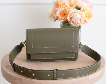 Olive Green Genuine Leather Purse - Crossbody or Shoulder - High Quality, Durable, Minimal & Modern (USA Seller) AA1-002-05-FAX