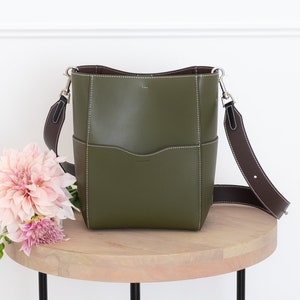 Olive Leather Bucket Bag Purse - Crossbody or Shoulder Carry- High Quality, Durable, Minimal, Modern (USA Seller) B18100006-08