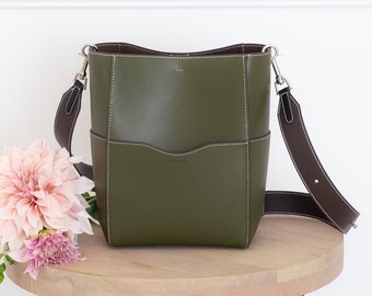 Olive Genuine Leather Bucket Bag Purse - Crossbody or Shoulder Carry- High Quality, Durable, Minimal, Modern (USA Seller) B18100006-08