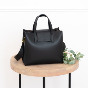 Black Genuine Leather Medium Satchel Bag - Crossbody or Shoulder Strap (Comes with 2) - Minimal, Modern (USA Seller) B18100005-05