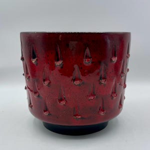 Könnte beinhalten: Ein roter Keramik-Pflanztopf mit einer strukturierten Oberfläche mit einem Muster aus erhabenen, tropfenförmigen Designs. Der Topf hat einen dunklen Sockel und eine glänzende Oberfläche, geeignet für den Innen- oder Außenbereich.
