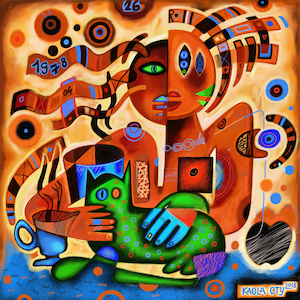 Woman with green cat