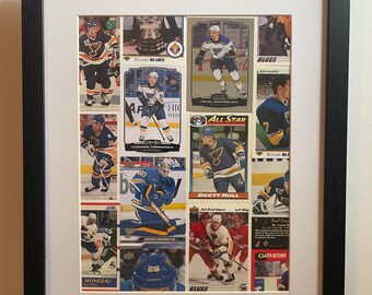 St. Louis Blues wall decor made from real hockey cards. Fits 11x14 frame (not included). One-of-a-kind gift!
