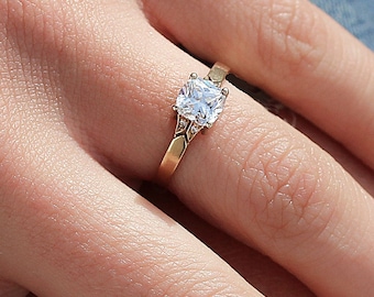 Anillo de compromiso estilo vintage con diamante talla cojín, oro de 14k, estilo Art Déco