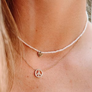 14K Solid Gold Dainty Boho Chic Peace Sign Diamond Pendant, Hippie Style Delicate Peace Symbol Pendant with Tiny White Natural Diamonds