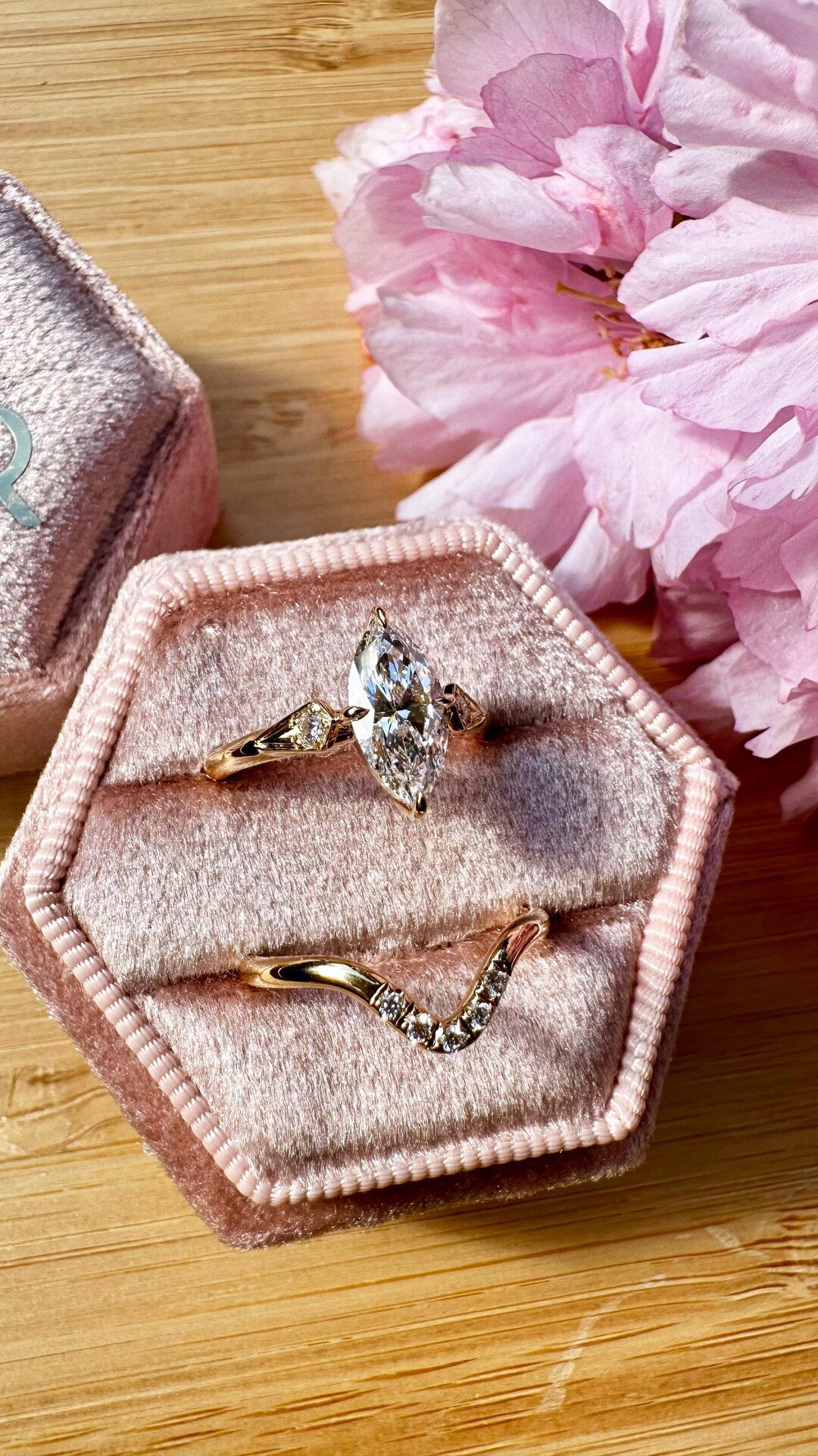 Set of Gold Marquise Cut Lab Grown Diamond Engagement Ring and Wedding ...