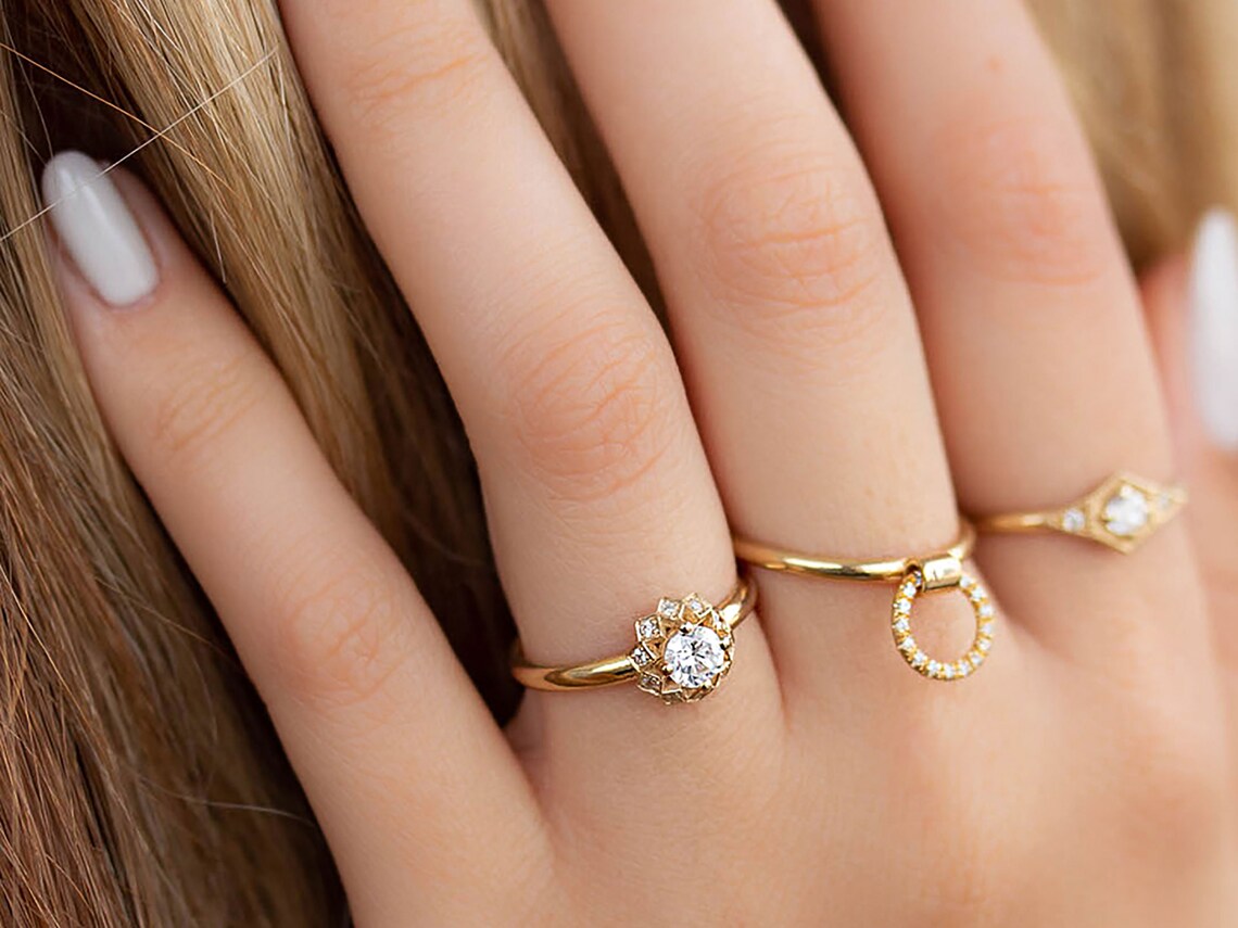 14K Yellow Gold Geometric Flower Shape Engagement Ring With Etsy