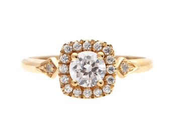 Vintage ronde diamanten verlovingsring, vierkante halo, 14 kt goud