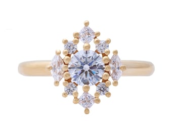 14K Yellow Gold Diamond Cluster Ring with Brilliant and Marquise Cut Lab Grown Diamonds