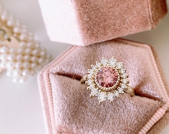 14K Yellow Gold Ring With 1.00 Carat Pink Lab Grown Diamond and White Diamonds Halo