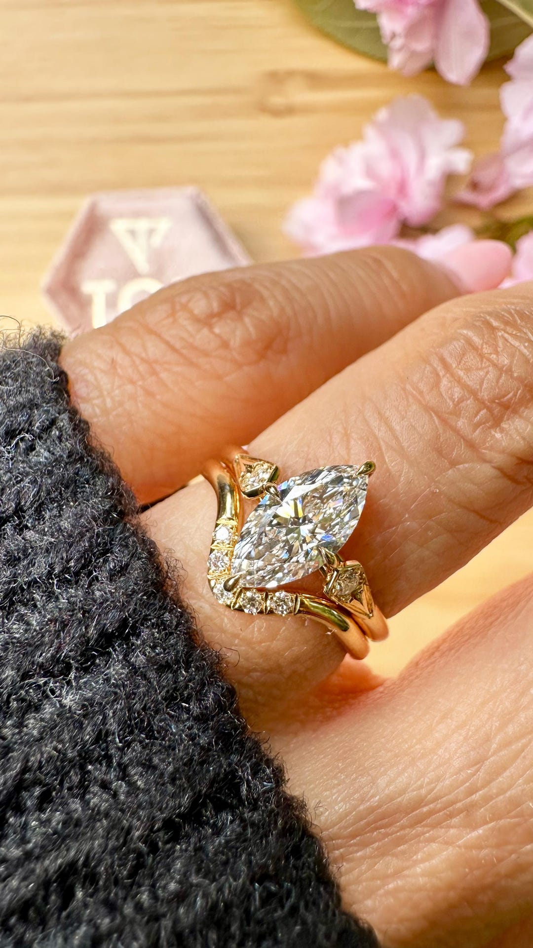 Set of Gold Marquise Cut Lab Grown Diamond Engagement Ring and Wedding ...