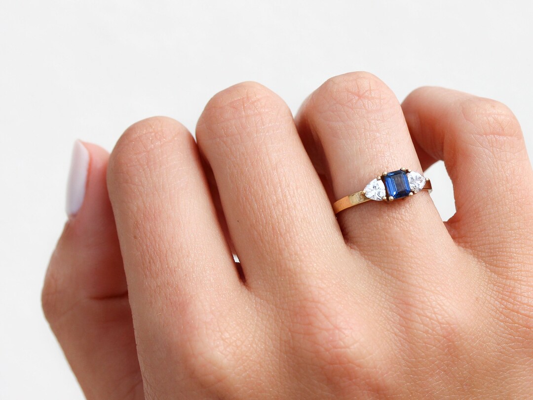 Triangular Blue Diamonds Solid Gold Engagement Ring, Emerald Cut Blue Sapphire, Triangle ...