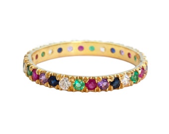 Colorful Multi Stone Eternity Ring with Diamonds, Sapphires, Amethysts, Rubies and Emeralds