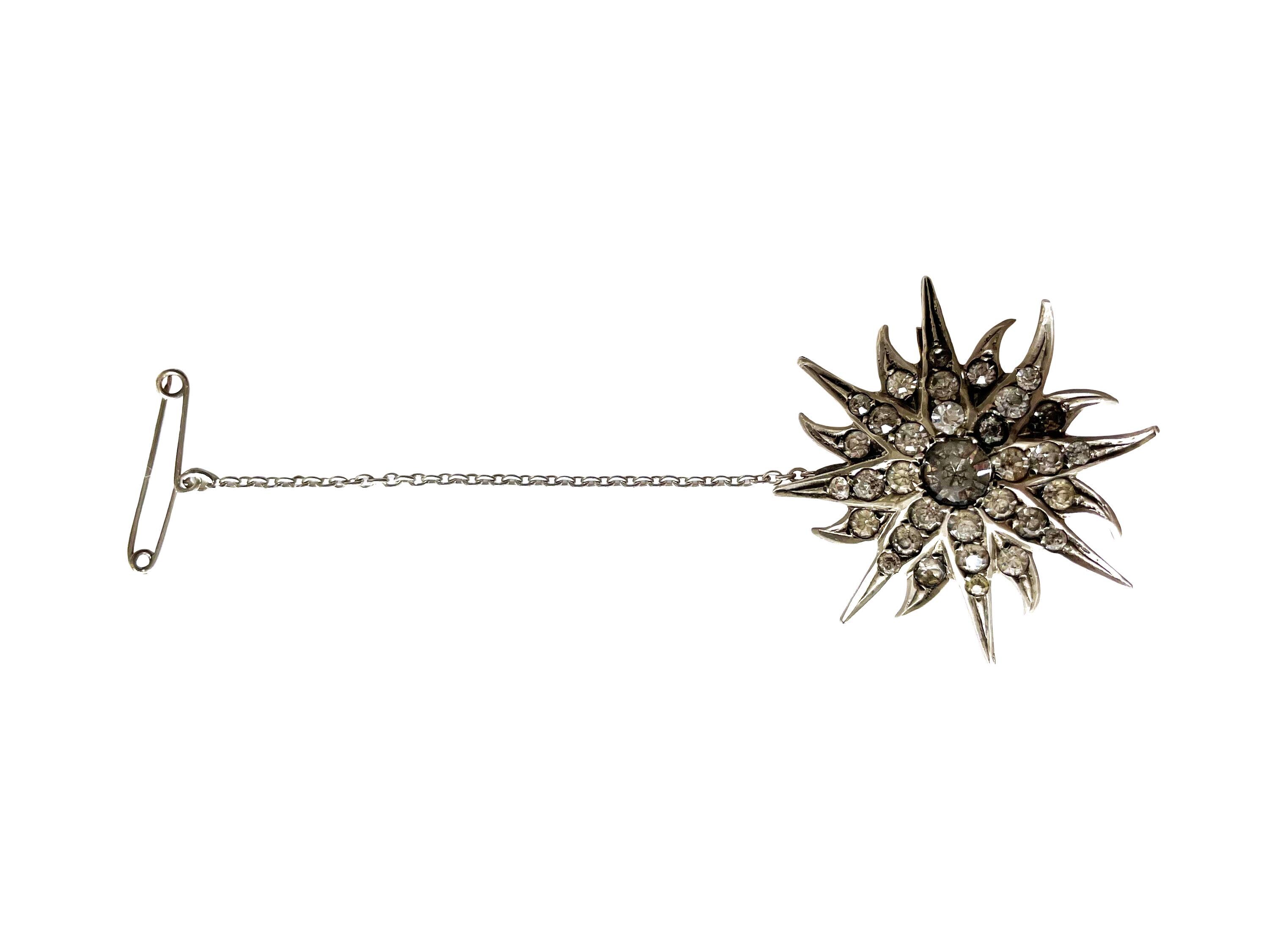 Antique Silver and Marcasite Star Burst Brooch Pin | Early 20th Century Jewellery | Snowflake Brooch with Chain