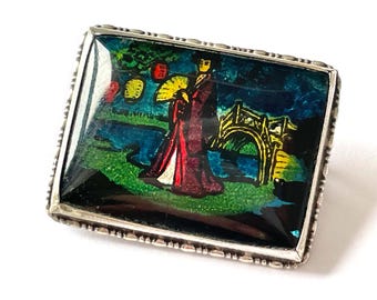 Vintage Art Deco Silver Morpho Butterfly Wing Brooch | Japanese Geisha Motif | Japanese Garden with Lanterns Pin