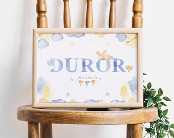 Arte con nombre de bebé. Nombre personalizado. Lámina para niño o niña. Decoración de pared. Descarga digital para habitación infantil.