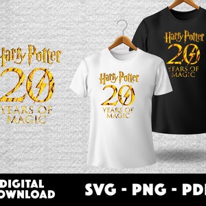 May include: Two white and black t-shirts with a gold graphic design that says "Harry Potter 20 Years of Magic".