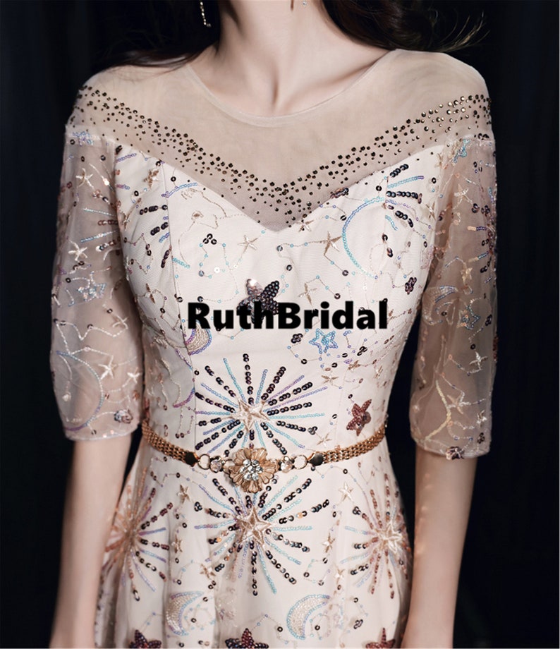 V-neck design. Elegant dress Banquet evening dress women Lace loop Wedding dress Champagne Party Evening Dress