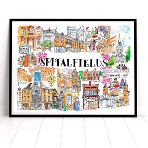 Spitalfields Landmarks Montage - A Stunning Piece of Art Celebrating Wimbledon’s Iconic Landmarks Watercolor illustration