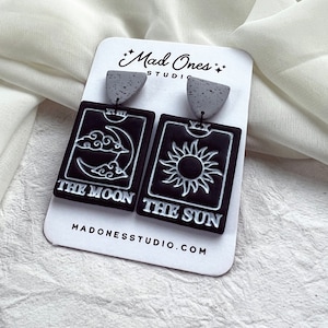 Black Tarot Earrings, Divination, Moon Tarot, Sun Tarot, Polymer Clay, Magic Accessories, Handmade, Dangle Earrings, Witchy Earrings