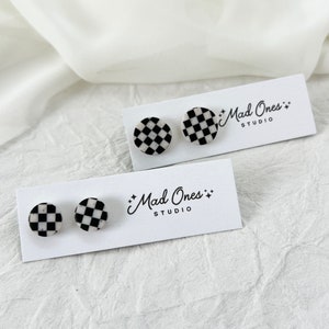 Checkered Clay Stud Earrings, Checkered Jewelry, Black and White, Ska, Handmade Polymer Clay Earrings, Gifts for Her, Holiday Gift