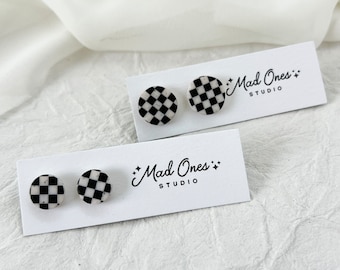 Checkered Clay Stud Earrings, Checkered Jewelry, Black and White, Ska, Handmade Polymer Clay Earrings, Gifts for Her, Holiday Gift