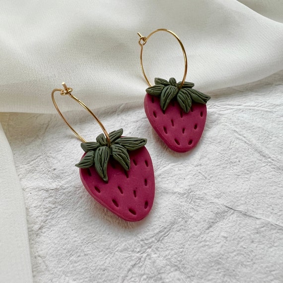 Strawberry Hoop Earrings, Polymer Clay, Summer Accessories, Fruit Earrings, Gifts for Her, Handmade, Dangle Earrings, Red earrings