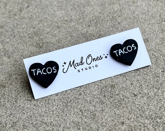 I Heart Tacos、ハート型イヤリング、ブラックハート、クレイイヤリング、スタッドイヤリング、ポリマークレイ、ギフト、ハンドメイド、彼女へのギフト、タコスイヤリング