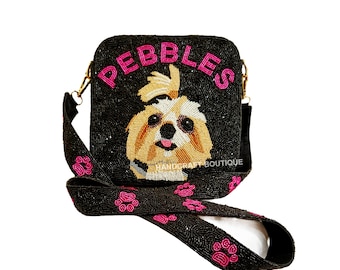 Torebki z koralikami dla psów, Niestandardowa torebka z koralikami, Torebka z koralikami dla miłośników psów, Torebka z koralikami dla psów, Niestandardowe torebki typu crossbody ze zdjęciem zwierząt, Prezent dla miłośnika psów