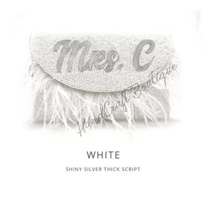 Bridal purse, Mrs. last name purse, Custom beaded clutch, Mrs. Bride wedding clutch, bridesmaids gift, bachelorette clutch, feathers purse