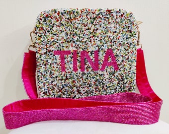 Beaded box bags, Monogram clutch, Customized Name Clutch, Bride Clutch, Handmade beaded clutch,  Custom beaded clutch, Half barrel name bags