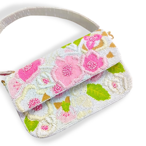 Pochette con perline a mano dal design floreale, pochette colorata, borsa con perline, borse estive, borsa da sposa, borsa da sera nera, pochette con perline floreali