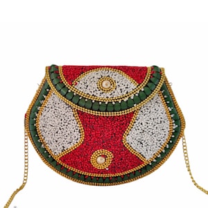 Embrague de mosaico del diseñador de la noche roja, embrague de piedra de la resina, embrague de la boda, diseño de lujo, bolsos hechos a mano, embrague de la caja, embrague de latón con cuentas