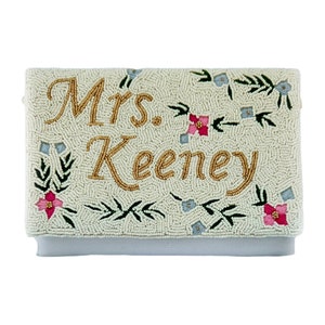 Mrs. Last name, Monogram clutch, Custom Name Clutch, Bride Clutch, Handmade beaded clutch, Custom beaded clutch, Beaded sling bridal bag